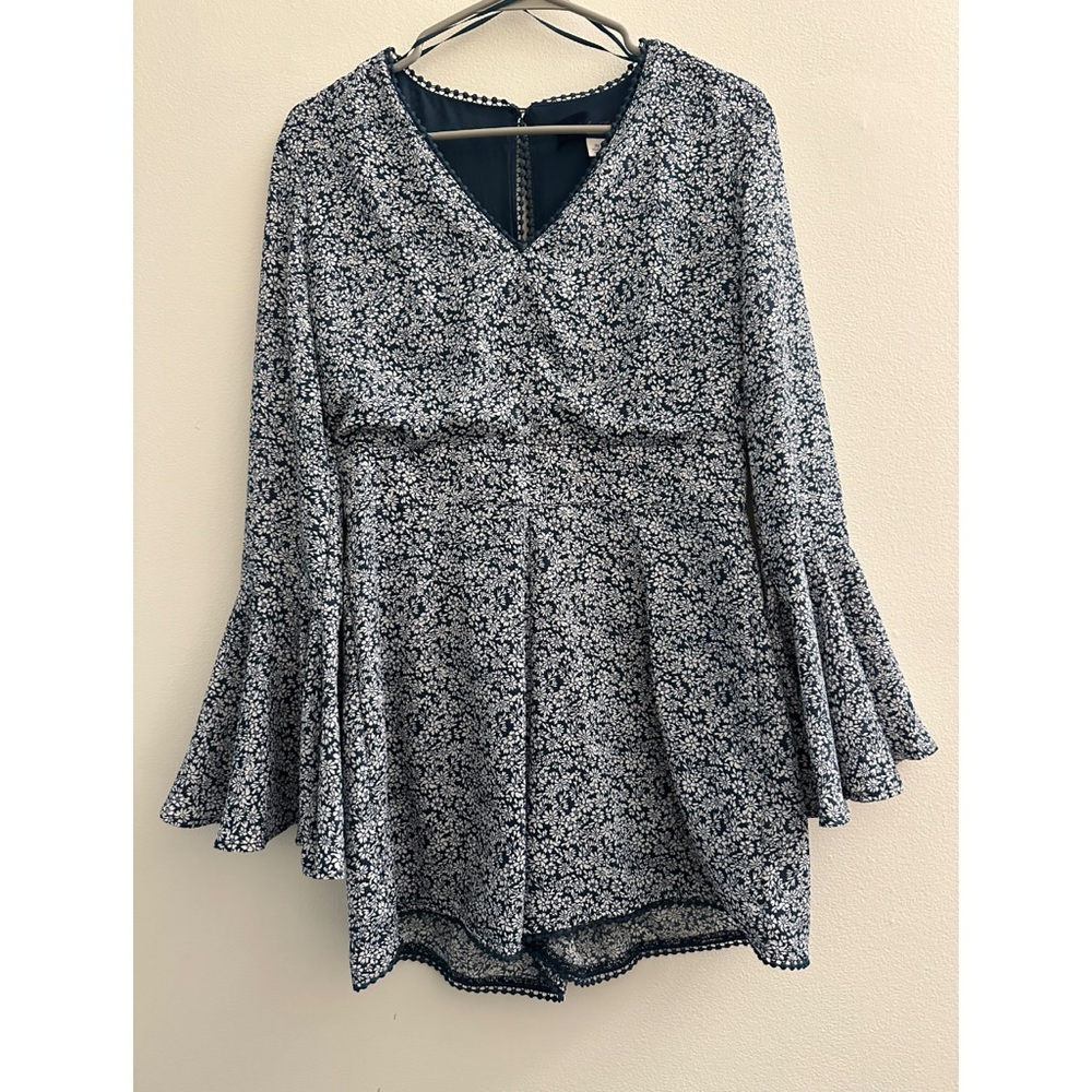 Blue Rain Floral Jumpsuit with Bell Sleeves